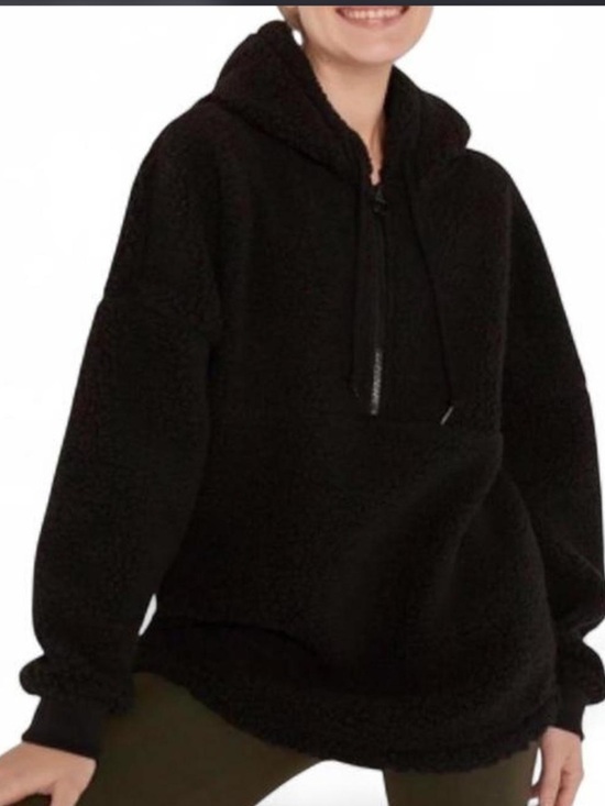 PINK Victoria's Secret Tops - PINK Victoria’s Secret Black Sherpa Half Zip Hoodie Size M Cozy Pullover
